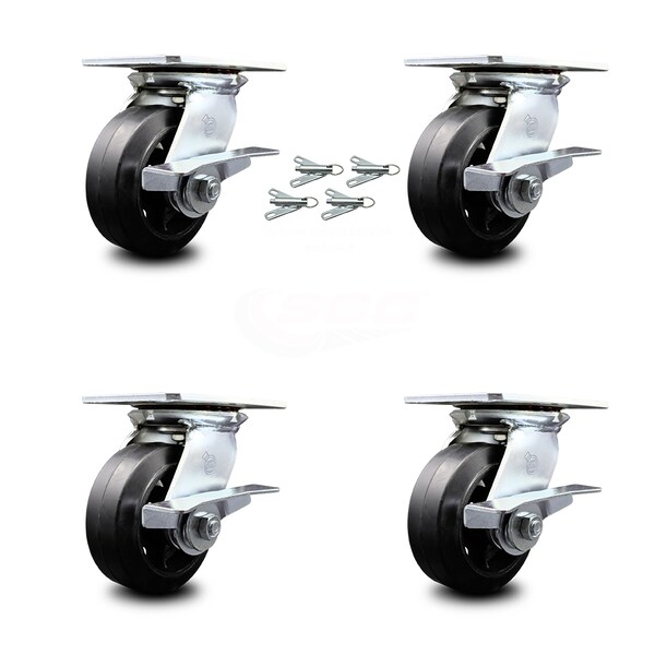 5 Inch Rubber on Steel Caster Set with Ball Bearings and Brakes/Swivel Locks SCC
